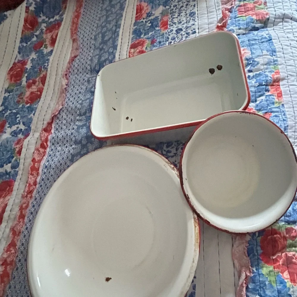 Enamelware White and Red Dish Set